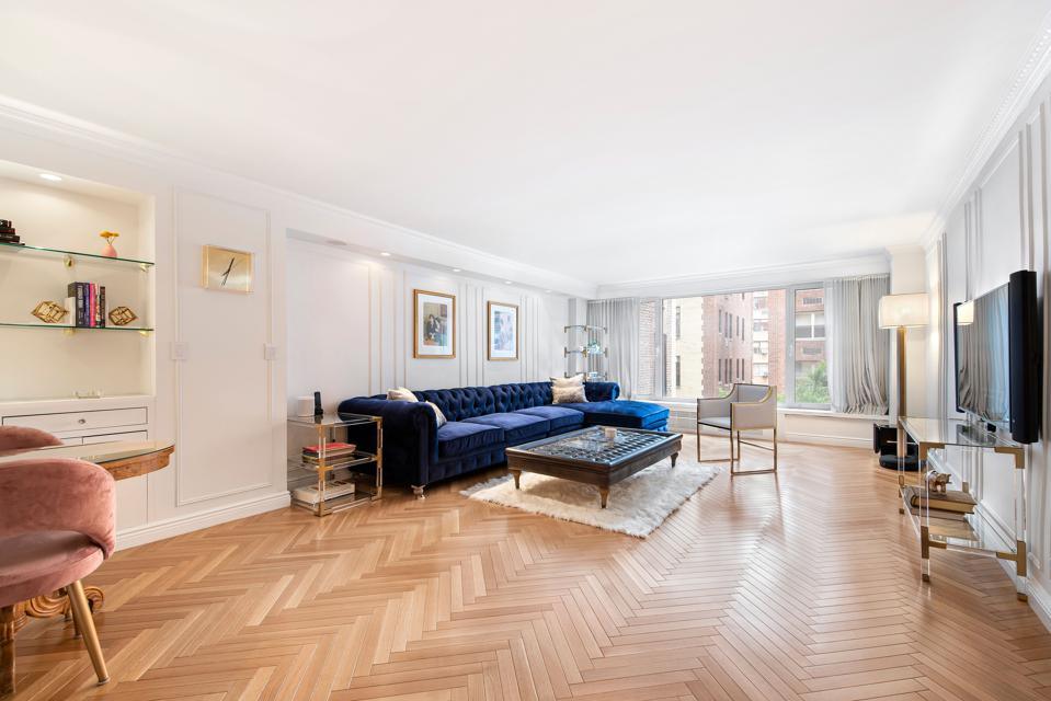 living room sutton place apartment manhattan herringbone wood floors nyc