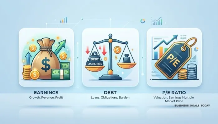 Infographic showing key factors: earnings growth, debt levels, and P/E ratio for stock selection.