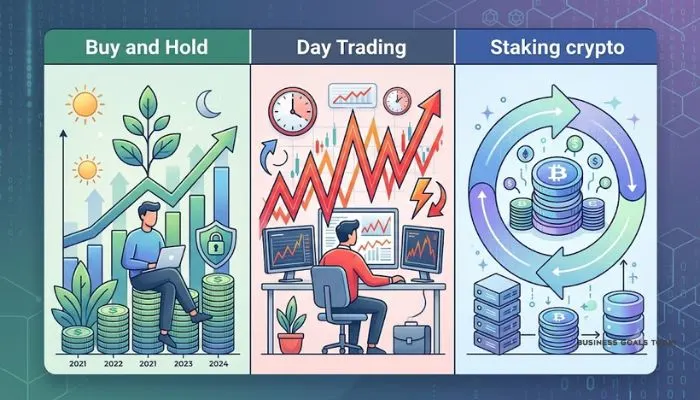 A comparison table showing risk levels for Buy and Hold, Day Trading, and Staking crypto.