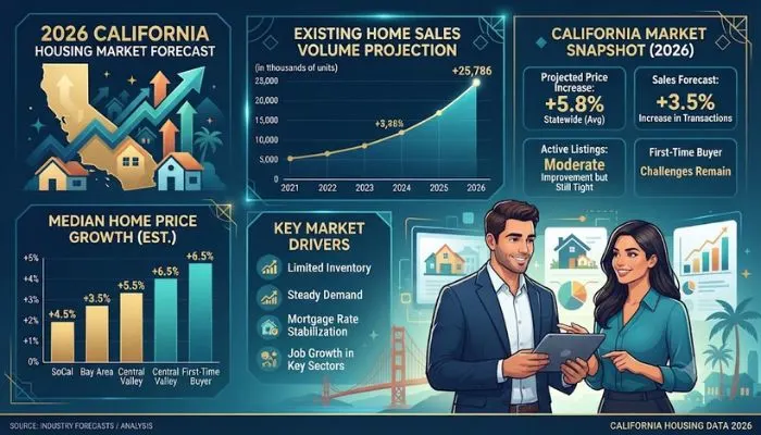 Infographic highlighting California housing market stats: 2026 price growth and sales forecast.