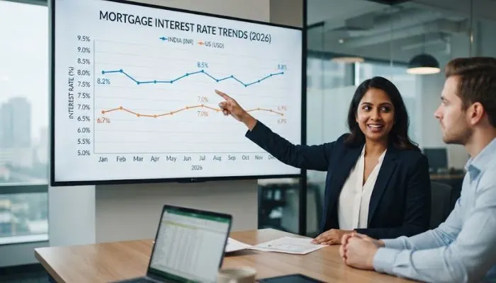 Line graph comparing mortgage interest rate trends in India vs the US for 2026.
