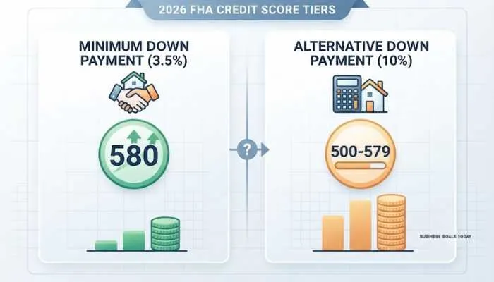 Chart comparing 2026 FHA credit score tiers showing 580 for 3.5 percent down and 500-579 for 10 percent down