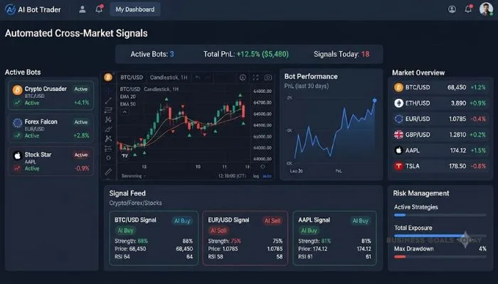 Clean screenshot of a beginner-friendly no-code AI trading bot dashboard showing automated cross-market signals.