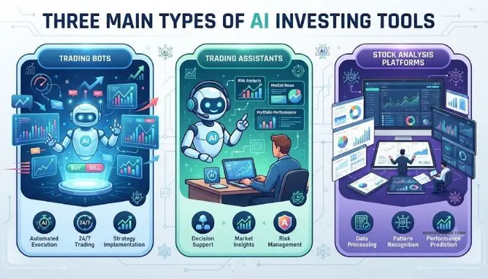 Infographic showing the three main types of AI investing tools: trading bots, trading assistants, and stock analysis platforms.