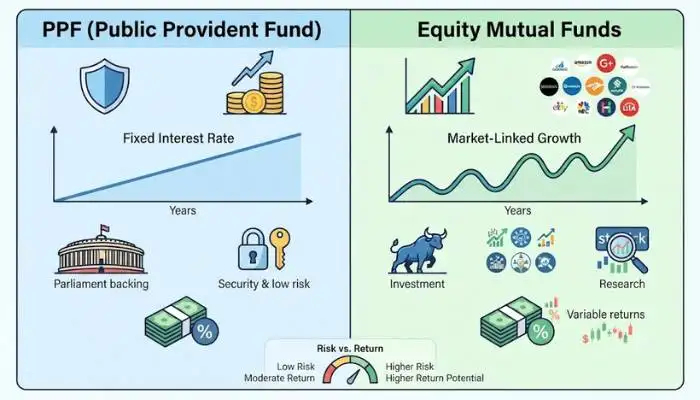 Infographic comparing PPF fixed interest rate against equity mutual fund market-linked growth curves