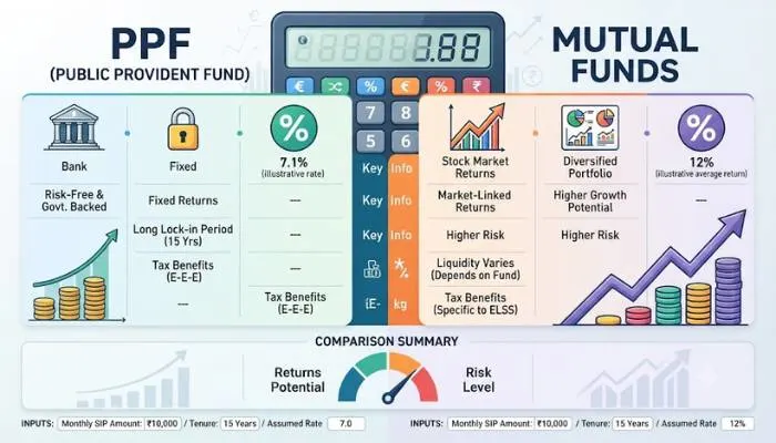 Bar chart comparing 15-year maturity corpus between PPF at 7.1 percent and equity SIP at 12 percent returns