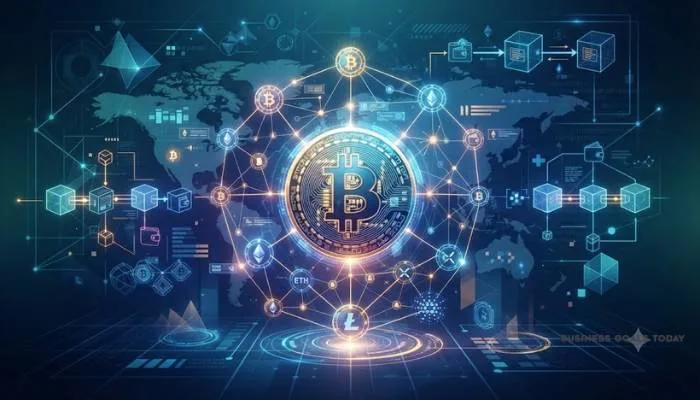 Infographic explaining how blockchain technology works as a decentralized digital record book