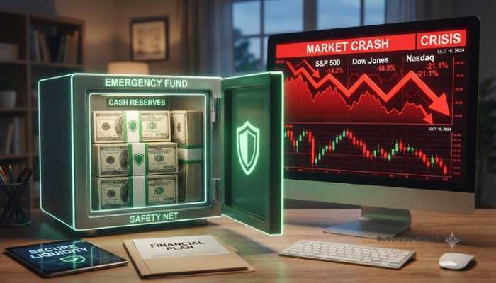 Cash safety net and emergency fund to protect investments during a market crash