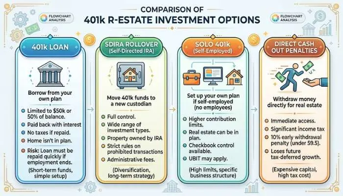 Comparison flowchart of 401k real estate investment options including 401k loan, SDIRA rollover, Solo 401k, and direct cash out penalties.