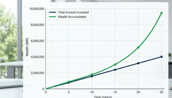 A growth chart demonstrating the power of compounding through systematic investment plans (SIP) over a long period.